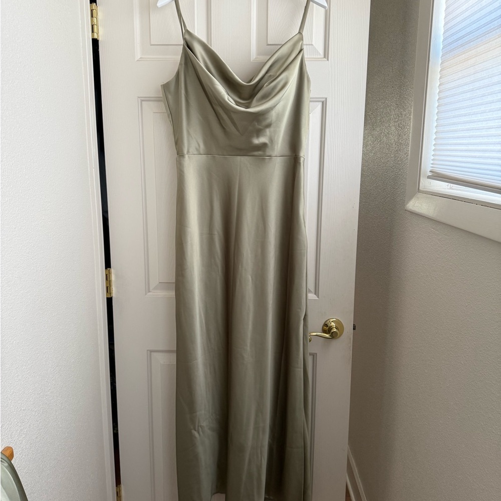 Revelry Silver Sage Green Satin Bridesmaid Formal Dress with Leg Slit